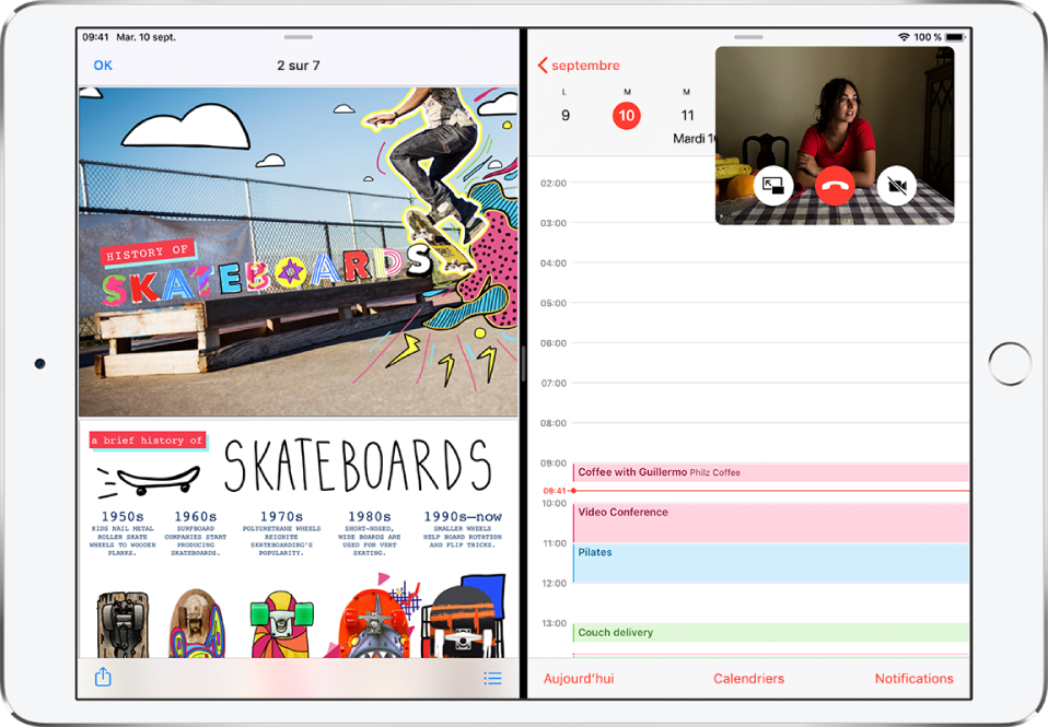 Une app graphique est ouverte sur le côté gauche de l’écran, Calendrier est ouvert sur la droite et une petite fenêtre FaceTime apparaît dans l’angle supérieur droit.