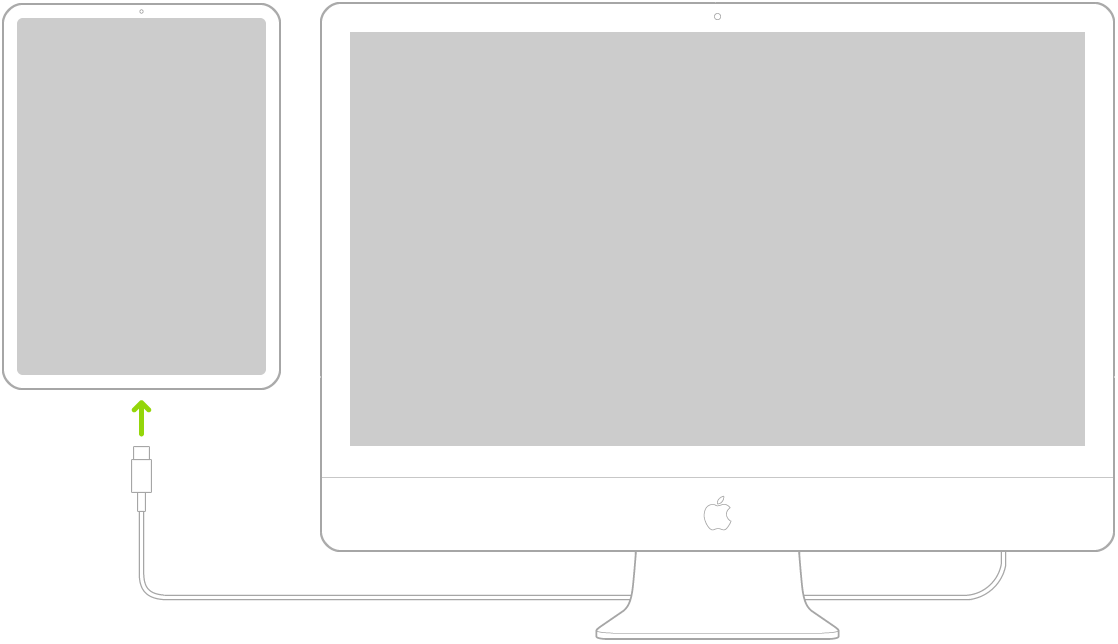 iPad connecté à un ordinateur Mac à l’aide d’un câble de recharge USB-C.