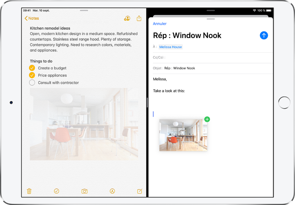 Une présentation Split View avec Notes ouvert à gauche et un e-mail ouvert à droite. Une photo de Notes est glissée dans l’e-mail.