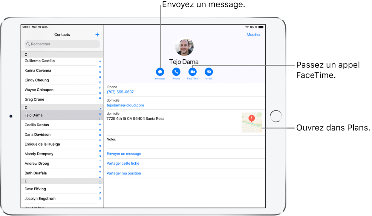 L’écran Contacts avec la liste des contacts à gauche et la fiche de contact sélectionnée à droite. En dessous de la photo et du nom du contact se trouvent les boutons pour envoyer un message, passer un appel, passer un appel FaceTime, envoyer un message par e-mail et envoyer de l’argent via Apple Pay. Sous les boutons se trouvent les coordonnées du contact.