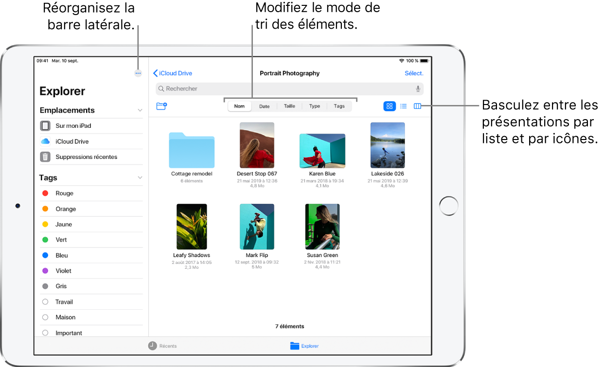 Un emplacement iCloud Drive affichant des boutons pour réorganiser la barre latérale, pour trier en fonction du nom, de la date, de la taille et des tags, et pour basculer entre la présentation par liste et la présentation par icônes.