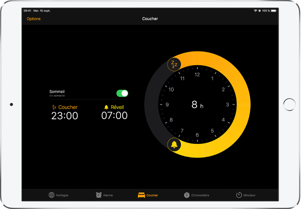 L’écran Sommeil montrant une heure de coucher commençant à 23 h, une heure de réveil à 7 h et le bouton Options en haut à gauche.