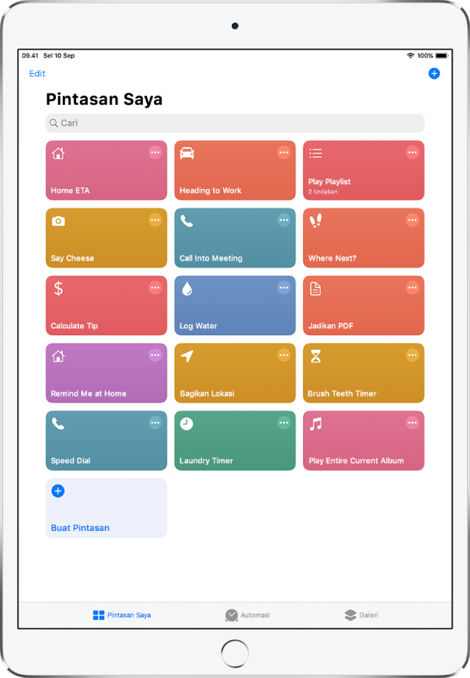 Tab Pintasan Saya. Bidang pencarian terdapat di bagian atas. Di bawahnya terdapat pintasan untuk melengkapi tugas harian umum seperti membuat PDF, membagikan lokasi Anda, dan mengatur timer penatu. Di bagian bawah terdapat tab Automasi dan Galeri.