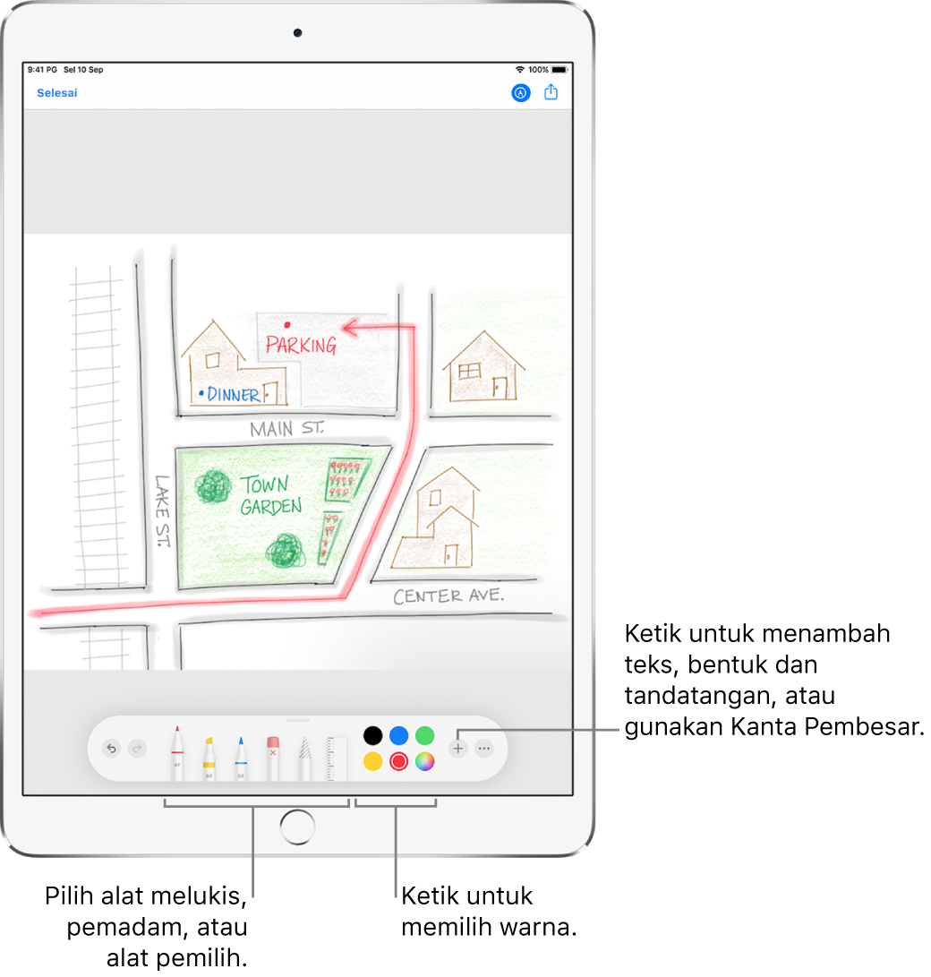 Imej dalam tetingkap Penanda. Di bawah imej, dari kiri ke kanan adalah butang untuk alat Penanda: pen lukis, pemadam, alat pilihan, warna, butang untuk menambah kotak teks, tandatangan anda dan bentuk, serta untuk memilih Kanta Pembesar.