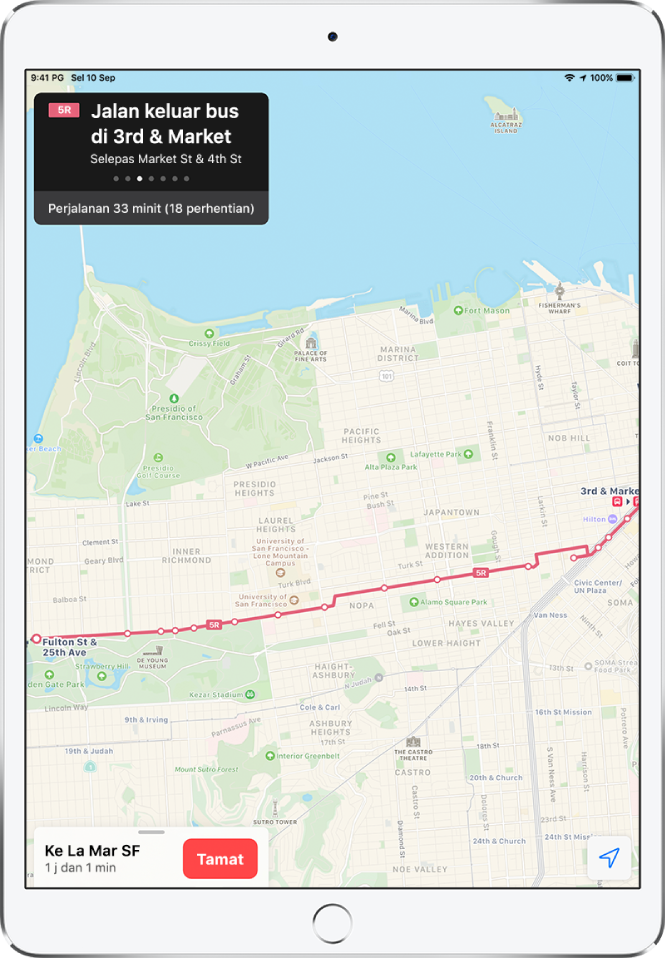 Peta laluan transit merentasi San Francisco. Kad laluan di bahagian kiri atas menunjukkan arahan “Turun bas di 3rd and Market”.