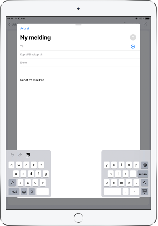 Delt tastatur som er løsnet – nederst på iPad-skjermen.