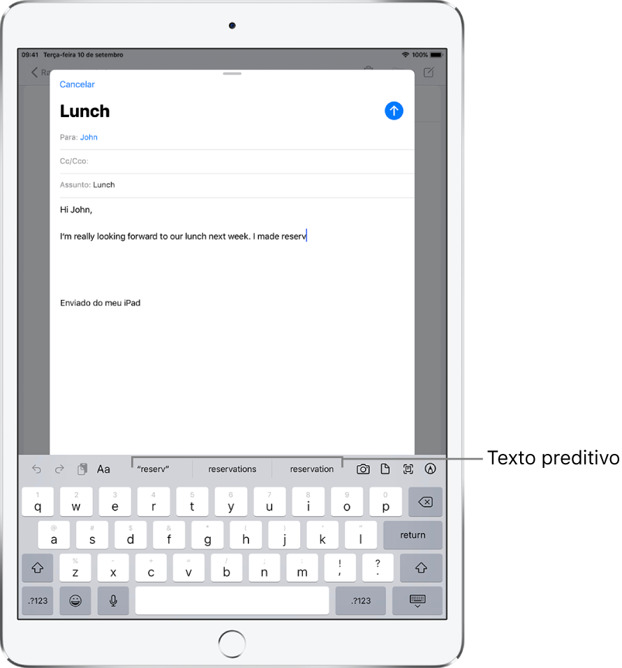 Mensagem do Mail exibindo as primeiras palavras de uma nova mensagem, com sugestões de texto preditivo para completar a palavra seguinte.