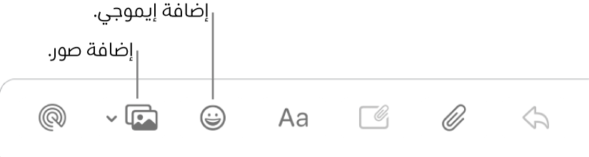 نافذة إنشاء رسالة تعرض أزرار إيموجي والصور.