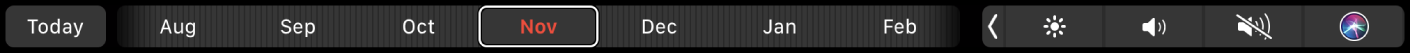 Лентата Touch Bar на Calendar (Календар) с бутона Today (Днес) и с плъзгач за избор на месеца.