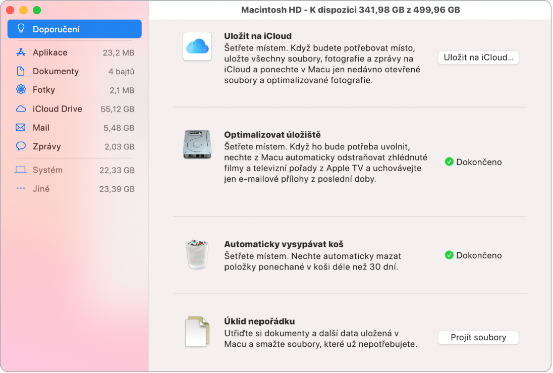 Předvolby „Doporučení“ pro úložiště s volbami „Uložit na iCloud“, „Optimalizovat úložiště“, „Automaticky vysypávat koš“ a „Úklid nepořádku“