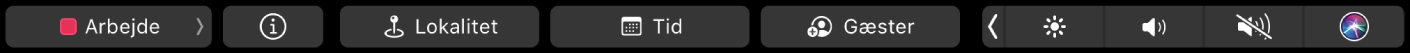 Touch Bar til Kalender med knapper til valg af kalendere, oplysninger om begivenheder, redigering af lokalitet, redigering af tid og tilføjelse af gæster.