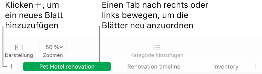 Numbers-Fenster mit Informationen zum Hinzufügen eines neuen Rechenblatts und zum Neuanordnen der Blätter