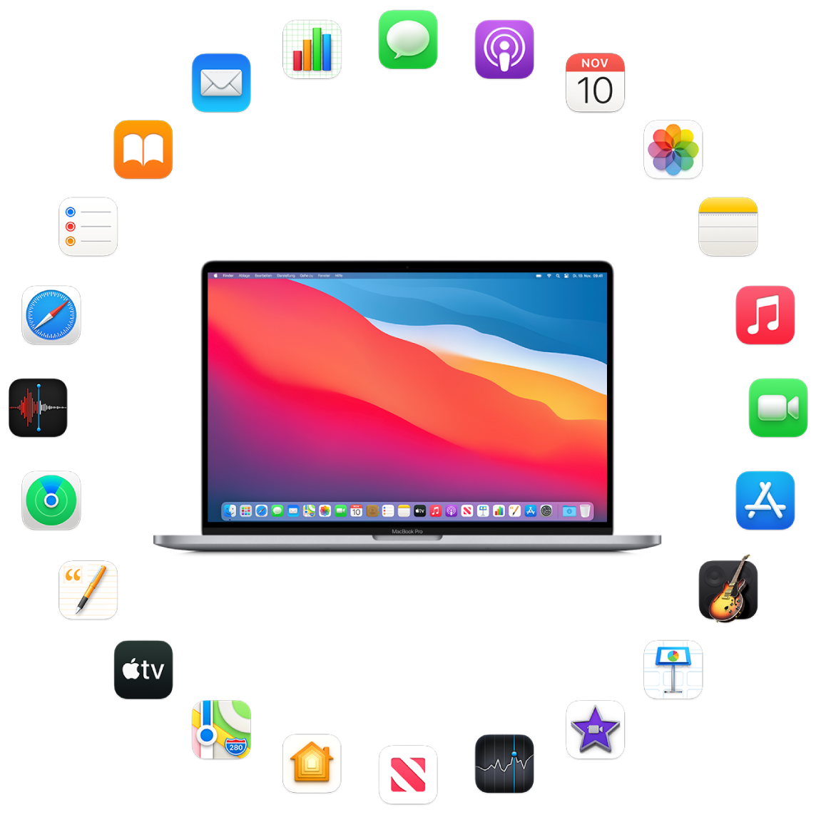 Ein MacBook Pro umgeben von Symbolen der Apps, die im Lieferumfang enthalten sind und in den folgenden Abschnitten beschrieben werden