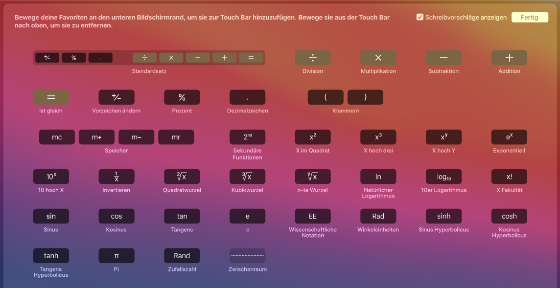 Du kannst die Objekte in der Touch Bar „Rechner“ anpassen, indem du die gewünschten Objekte in die Touch Bar ziehst.