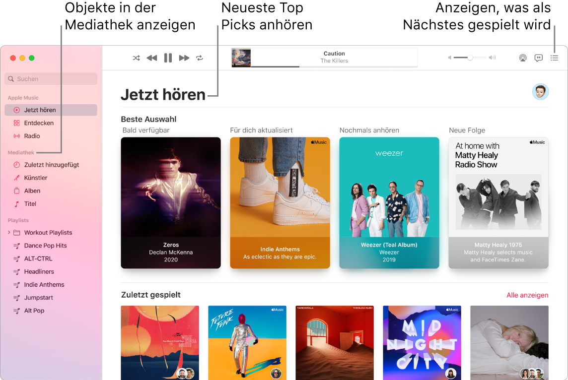 Ein Fenster der App „Musik“ mit Informationen zum Anzeigen deiner Mediathek, Anhören von Apple Music und Anzeigen des nächsten Titels