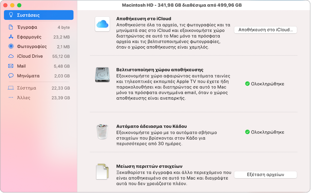 Οι προτιμήσεις του τμήματος «Συστάσεις» για τον χώρο αποθήκευσης, όπου φαίνονται οι επιλογές «Αποθήκευση στο iCloud», «Βελτιστοποίηση χώρου αποθήκευσης», «Αυτόματο σβήσιμο από τον Κάδο» και «Μείωση περιττών στοιχείων».