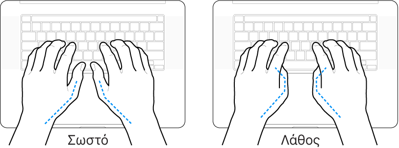 Χέρια τοποθετημένα επάνω σε ένα πληκτρολόγιο, που δείχνουν τη σωστή και τη λανθασμένη θέση των αντίχειρων.