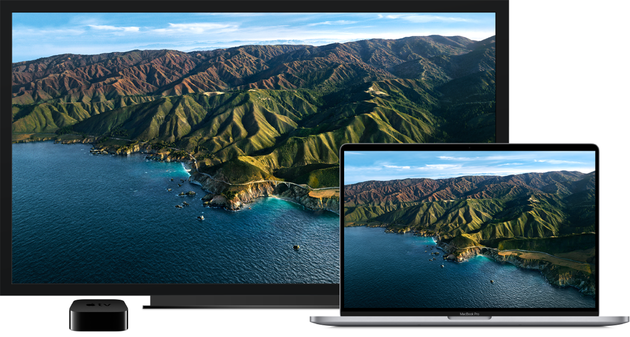 A MacBook Pro with its content mirrored on a large HDTV using an Apple TV.