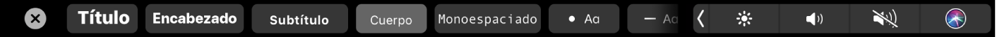 Touch Bar de Notas con botones para elegir estilos de párrafo incluyendo Título, Encabezado y Cuerpo, y también botones para agregar opciones de lista incluyendo viñetas, guiones y números.