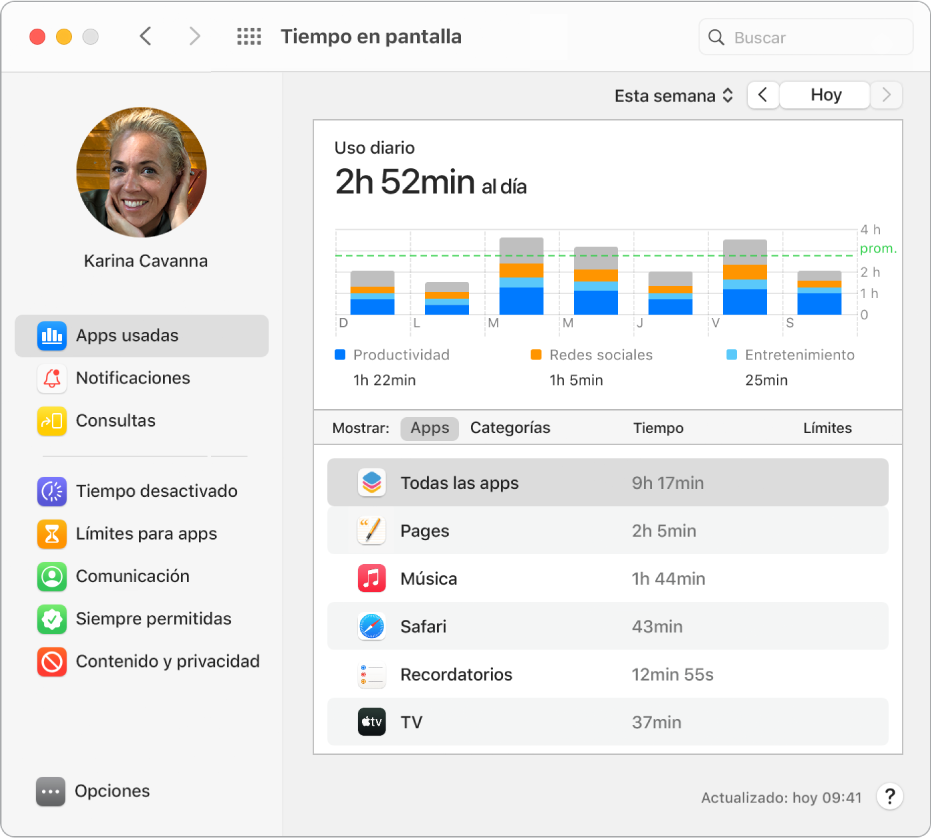 Una ventana de “Tiempo en pantalla” mostrando el tiempo que se pasan en varias apps.