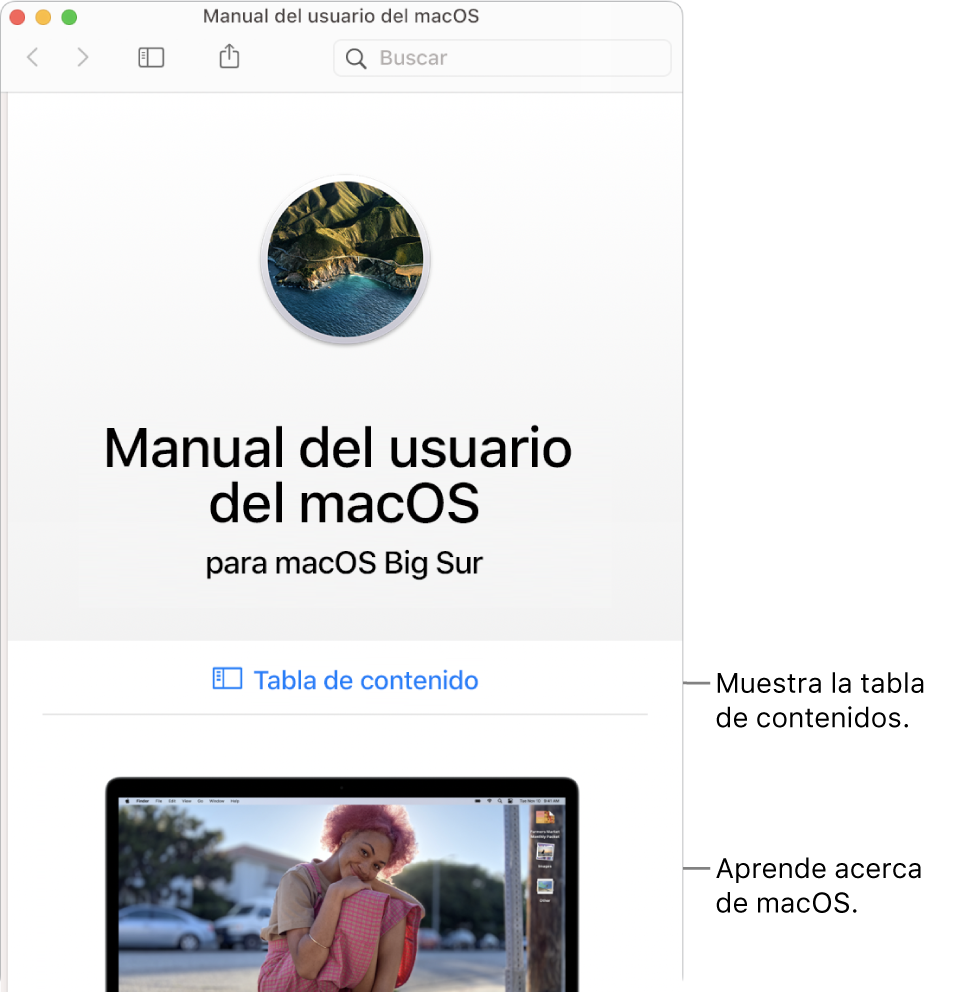 La página de bienvenida del Manual de usuario de macOS con el enlace a la tabla de contenido.