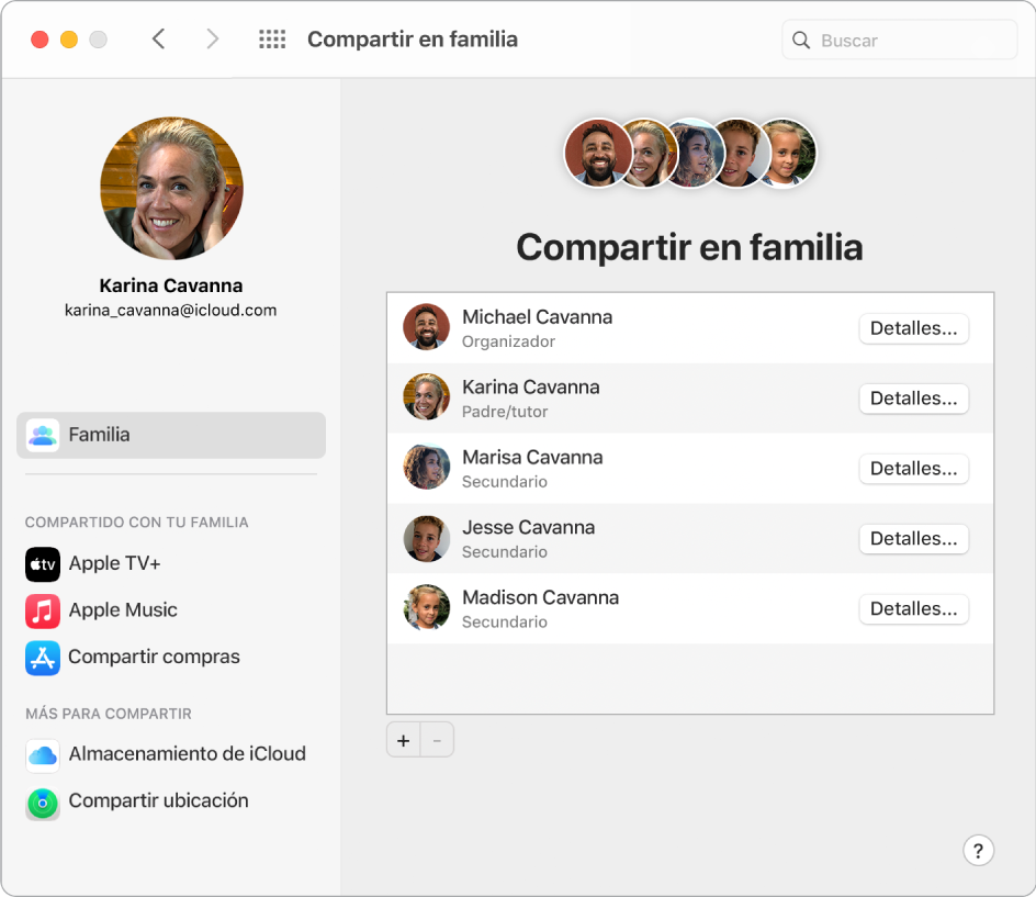 Una ventana de Safari mostrando la configuración de "Compartir en familia" en iCloud.com.