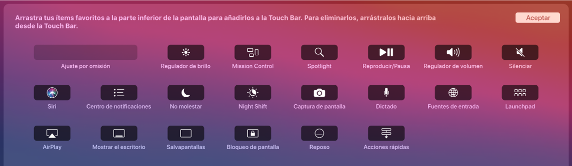 Los ítems que se pueden personalizar en la Control Strip arrastrándolos hasta la Touch Bar.