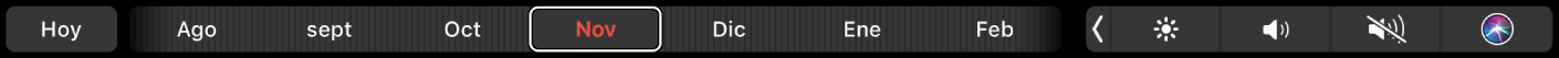 La Touch Bar de Calendario con el botón Hoy y un regulador para seleccionar un mes.