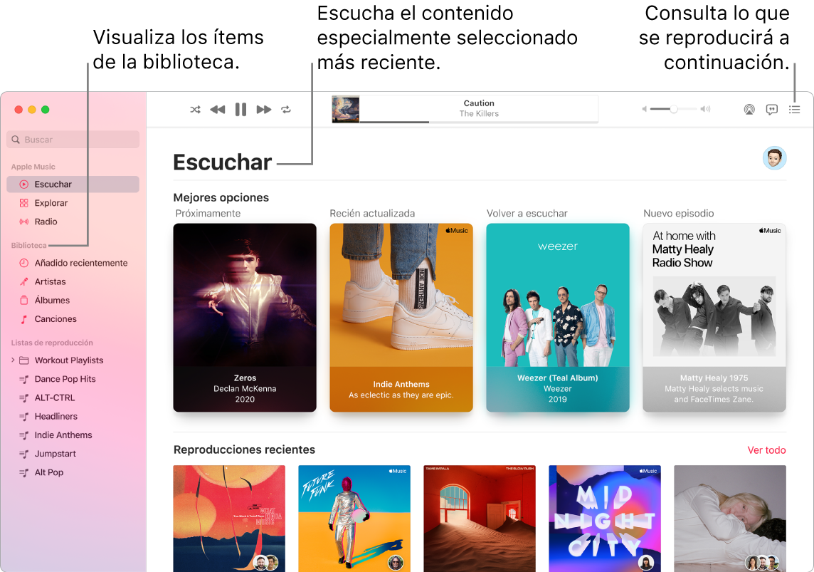 Una ventana de la app Música donde se muestra cómo ver tu biblioteca, escuchar Apple Music y ver qué se reproducirá a continuación.