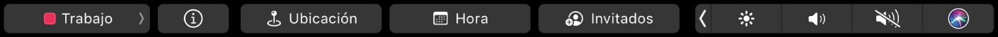 La Touch Bar de Calendario con botones para seleccionar calendarios, ver los detalles del evento, editar la hora o la ubicación y añadir invitados.