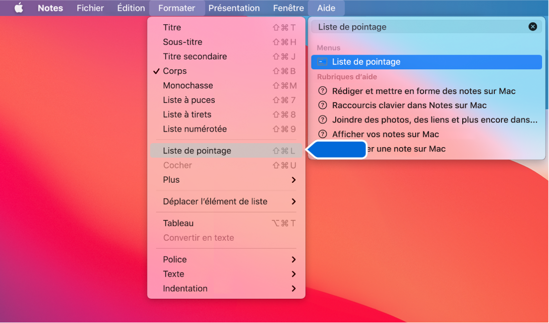 Le menu d’aide présentant une recherche dont le terme est « liste » et la commande « Liste à puces » surlignée dans la liste des résultats et dans le menu Format.