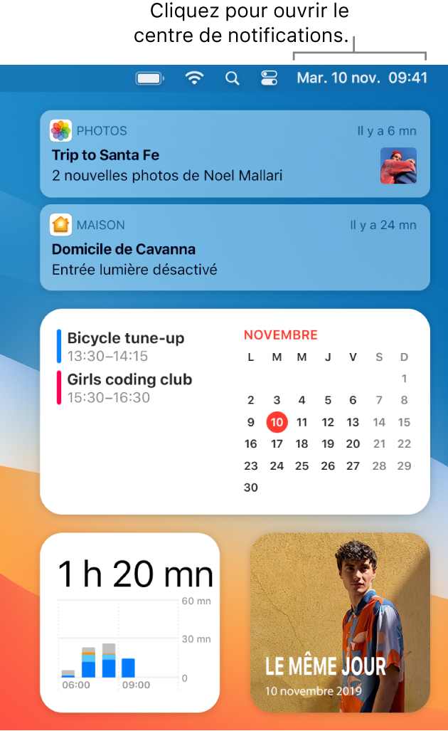 Un écran partiel du bureau affichant le centre de notifications ouvert.