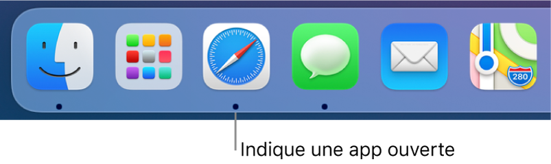 Une partie du Dock avec les points noirs sous les apps ouvertes.