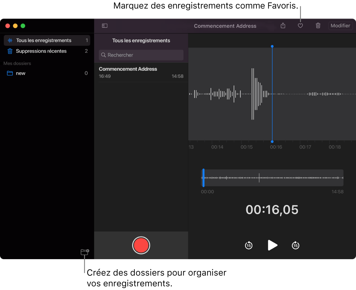 La fenêtre Dictaphone indiquant comment créer de nouveaux dossiers ou marquer un enregistrement comme favori.