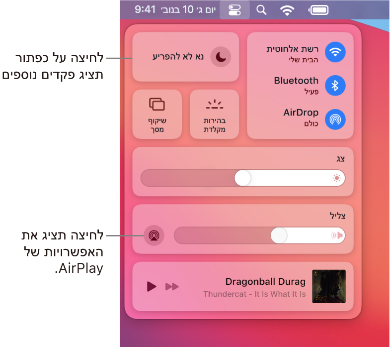 תצוגה מוגדלת של “מרכז הבקרה” ב-Mac, עם הסבר לכפתור “צג”.