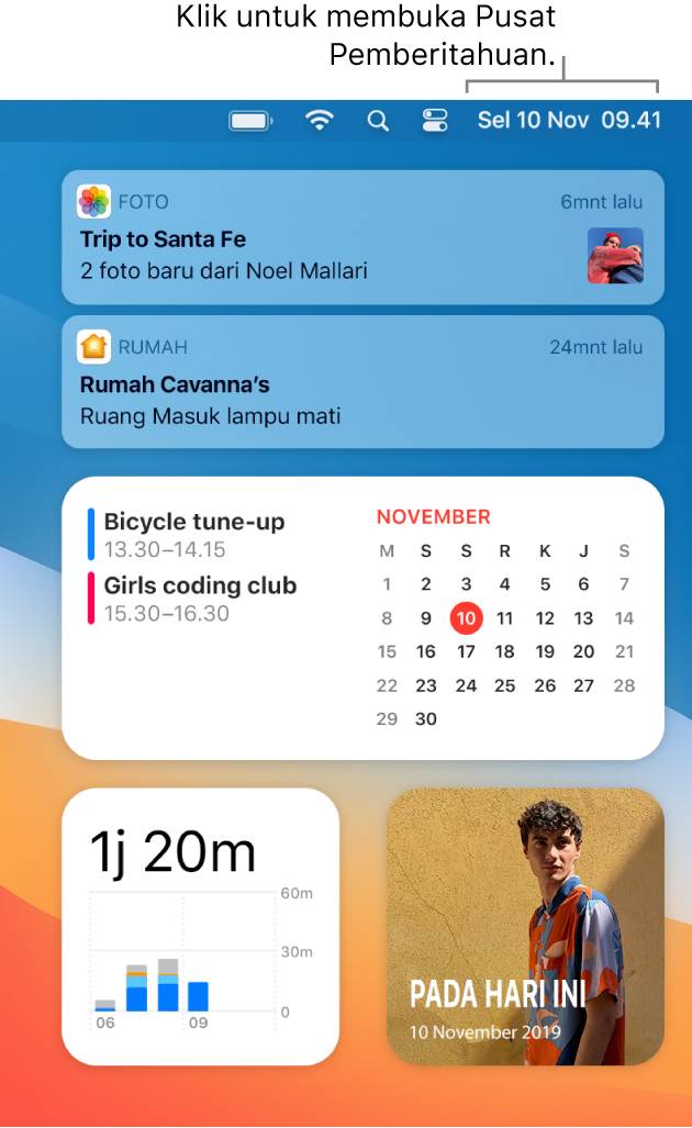 Layar desktop terpisah menampilkan Pusat Pemberitahuan yang terbuka.
