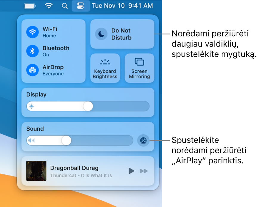 Priartintas „Mac“ funkcijos „Control Center“ rodinys, kuriame matosi mygtuko „Display“ nuoroda.