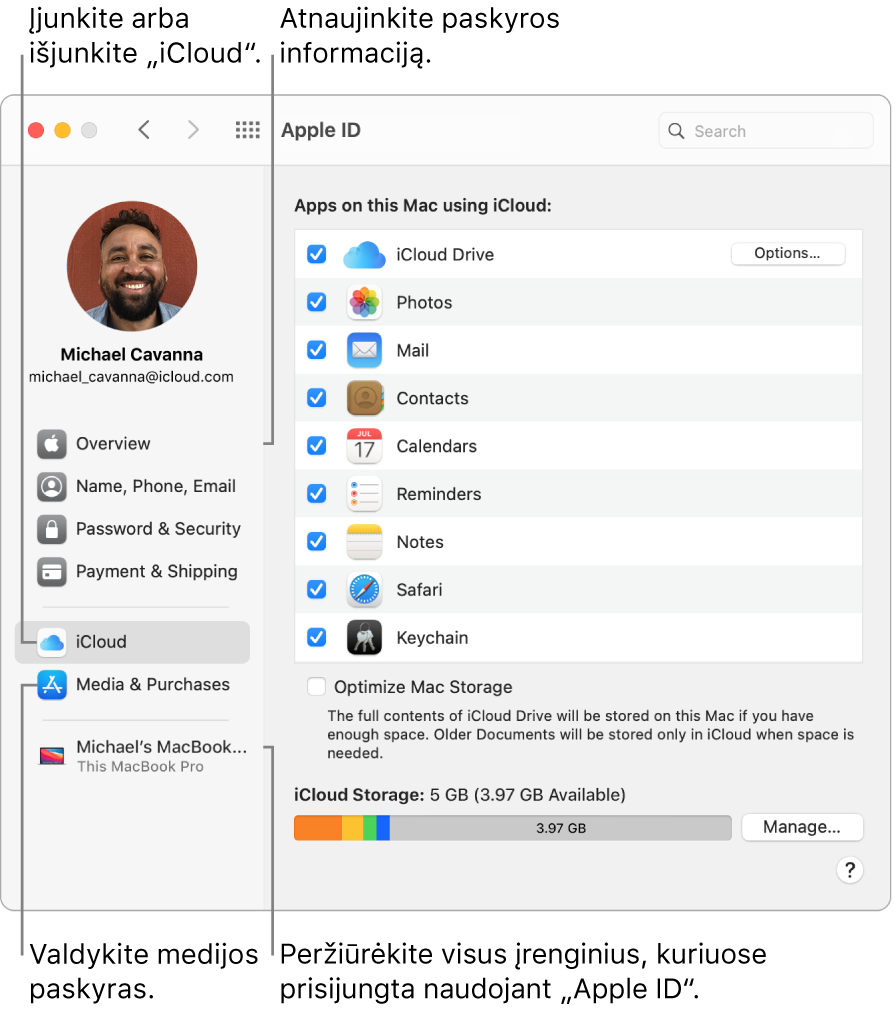 „Apple ID“ sritis skiltyje „System Preferences“. Spustelėkite elementą šoninėje juostoje, kad atnaujintumėte paskyros informaciją, įjungtumėte arba išjungtumėte „iCloud“, tvarkytumėte medijos paskyras arba peržiūrėtumėte visus įrenginius, kuriuose esate prisijungę naudodami „Apple ID“.