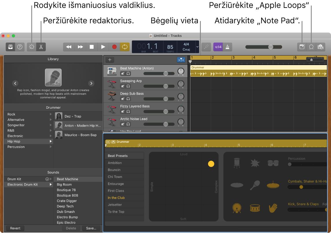 „GarageBand“ langas, kuriame rodomi mygtukai, skirti pasiekti funkcijas „Smart Controls“, „Editors“, „Notes“ ir „Apple Loops“. Jame taip pat rodomas takelių ekranas.