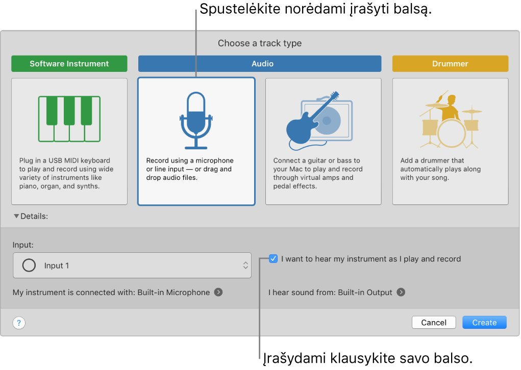 „GarageBand“ instrumentų skydelis, kuriame rodoma, kur reikia spustelėti norint įrašyti balsą ir kaip klausytis savo balso įrašant.