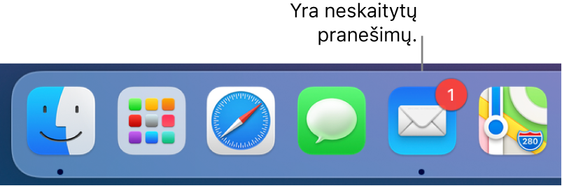 „Dock“ dalis, kurioje rodoma programos „Mail“ piktograma su ženkleliu, nurodančiu neskaitytų el. laiškų skaičių.