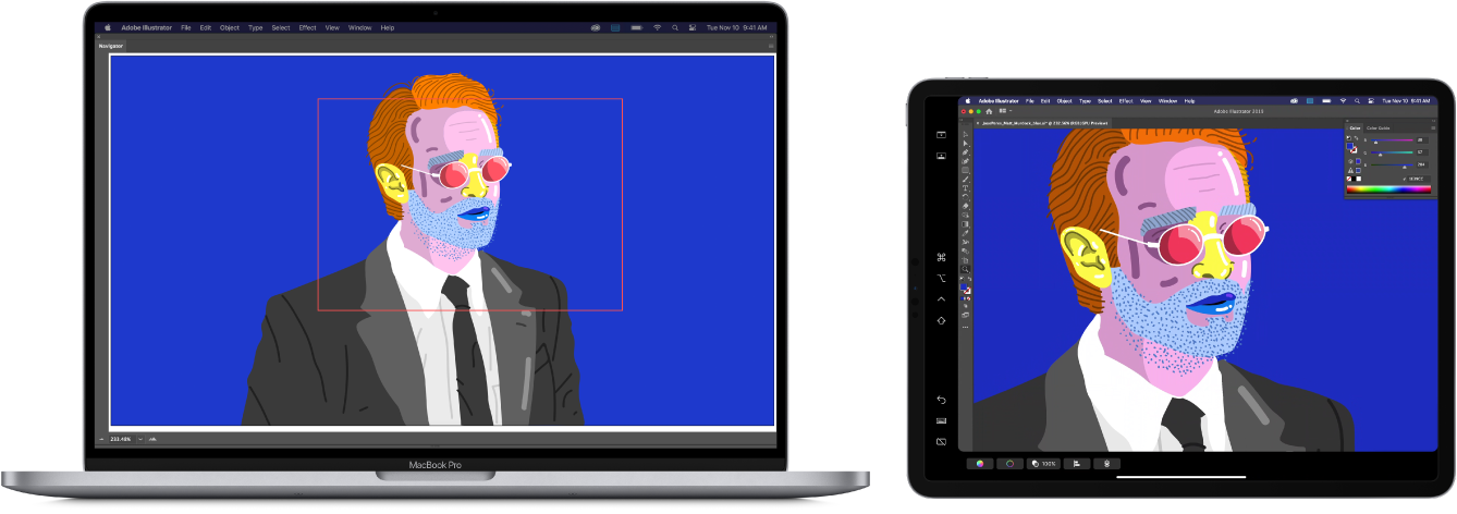 „MacBook Pro“ ir „iPad“, padėti vienas šalia kito. „MacBook Pro“ programos „Illustrator“ naršymo lange rodomas vaizdas. „iPad“ programos „Illustrator“ dokumento lange rodomas tas pats vaizdas, aplink matomos įrankių juostos.