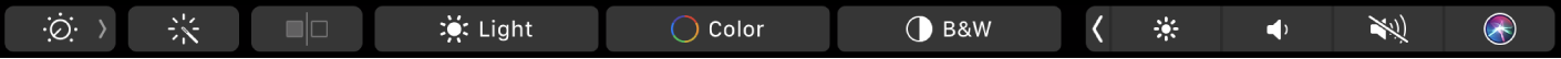 Rodomi „Touch Bar“ mygtukai, skirti redaguoti nuotraukas – apkirpti, filtruoti, koreguoti ir retušuoti, – bei papildomų parinkčių naršymo mygtukas.
