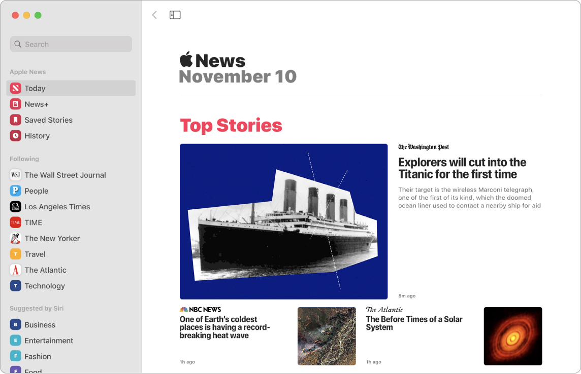 „News“ langas, kuriame rodomi skaitymo sąrašas ir skiltis „Top Stories“.