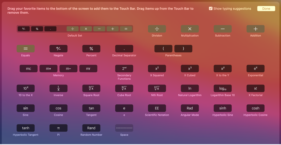 Elementi lietotnes Calculator joslā Touch Bar, kurus varat pielāgot, velkot tos joslā Touch Bar.