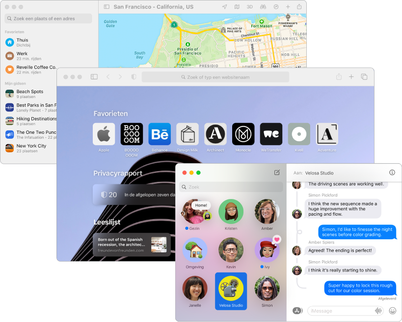 Overlappende schermen van de apps Kaarten, Safari en Berichten.