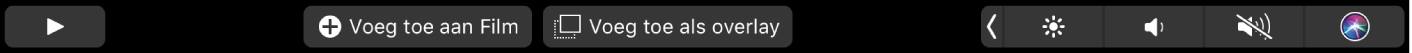 De Touch Bar voor iMovie met knoppen voor favorieten, verwijderen, afspelen, toevoegen aan film en toevoegen als overlay.