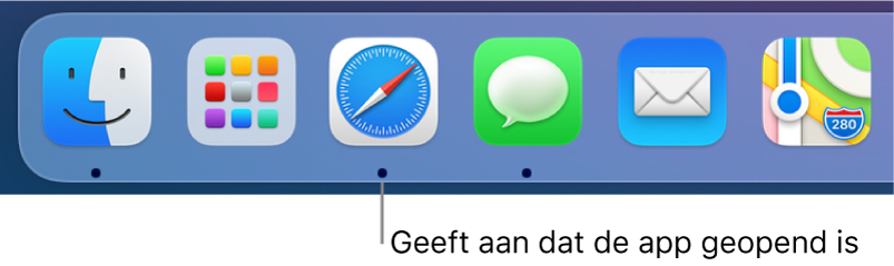 Een deel van het Dock met zwarte stippen onder geopende apps.