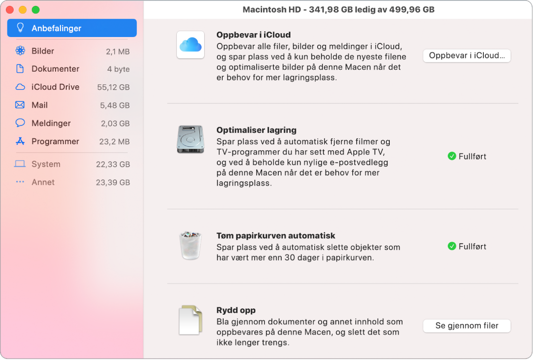 Anbefalinger-valg for lagring som viser valgene Oppbevar i iCloud, Optimaliser lagring, Slett papirkurven automatisk og Rydd opp.