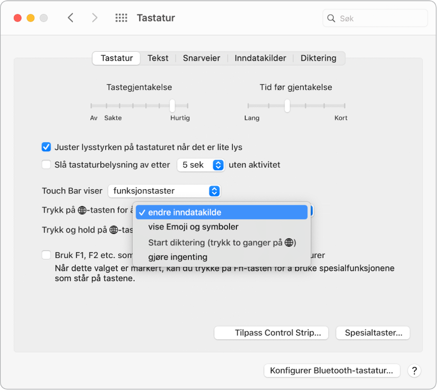 Tastaturvalgpanelet med en nedtrekksmeny viser valg for funksjons-/globustasten: Endre inndatametode, vis emoji og symboler, start diktering eller ikke gjør noen ting.